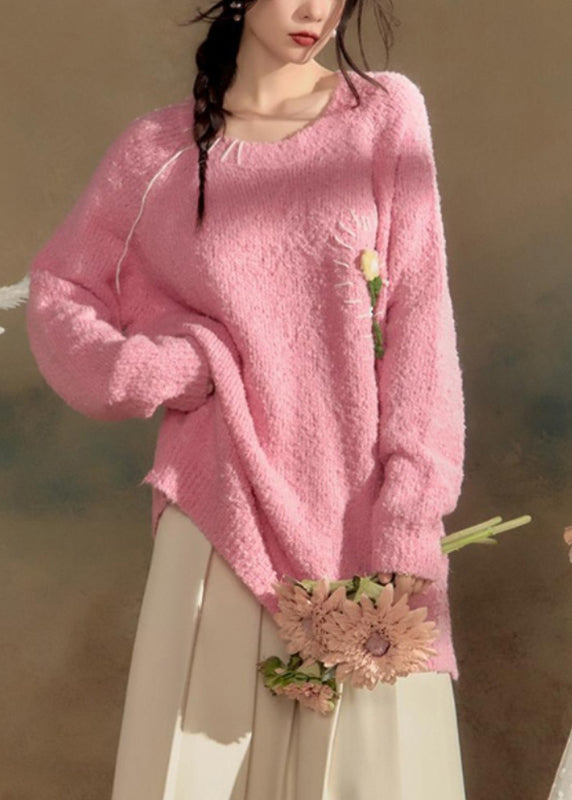 Pink O-neck Cotton Knit Sweaters Winter