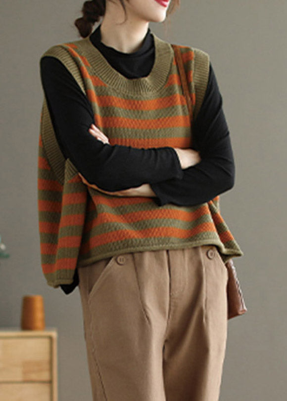 Orange O-neck Striped Knit Beach Vest Sleeveless