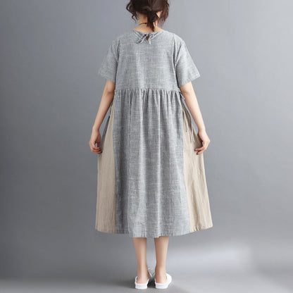 Striped Midi Cotton Linen Dresses Traveling Dress Short Sleeve Tie Waist V Neck Cotton Linen Clothing