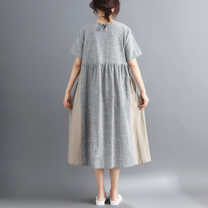 Striped Midi Cotton Linen Dresses Traveling Dress Short Sleeve Tie Waist V Neck Cotton Linen Clothing