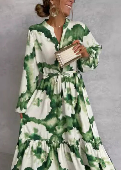 Green Ruffled Print Cotton Ankle Dress Lantern Sleeve