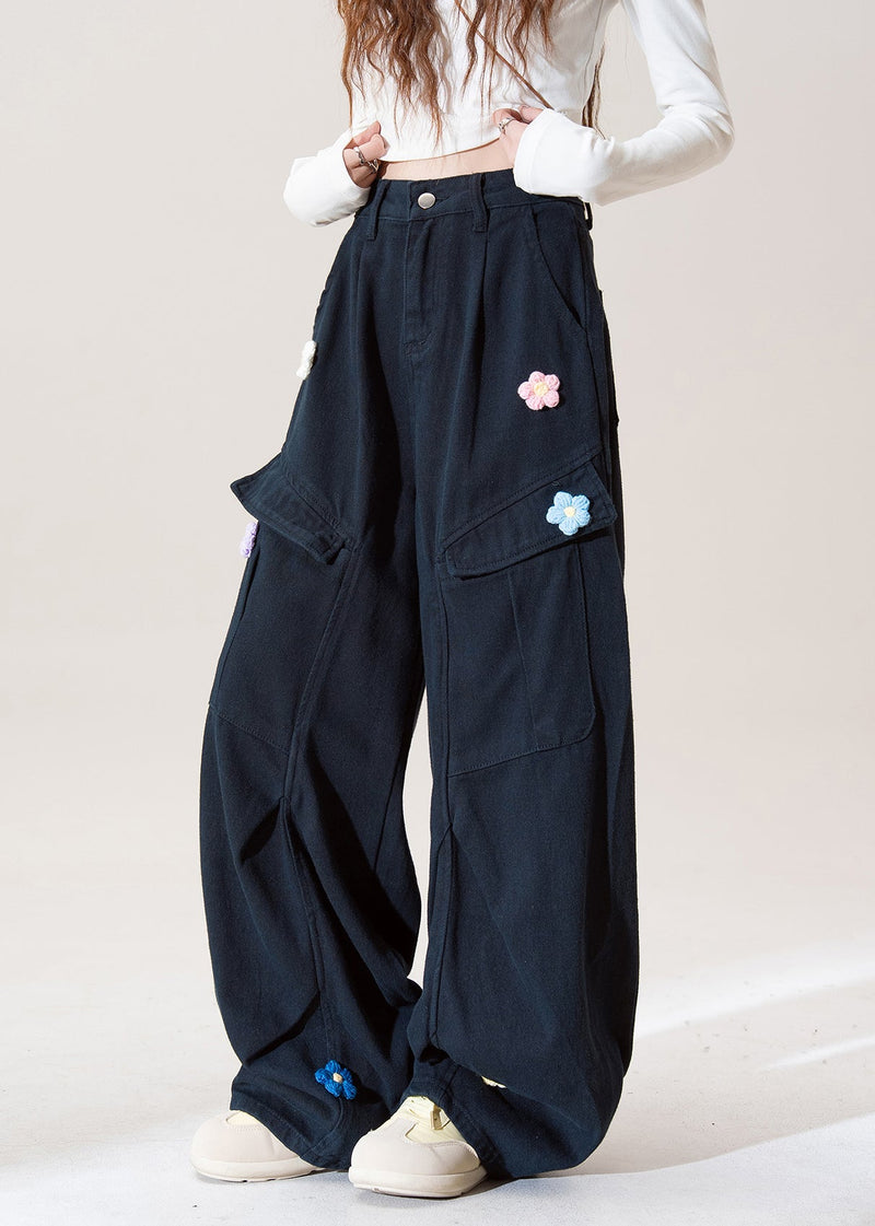 Stylish Navy Embroidered Pockets Cotton Pants Fall