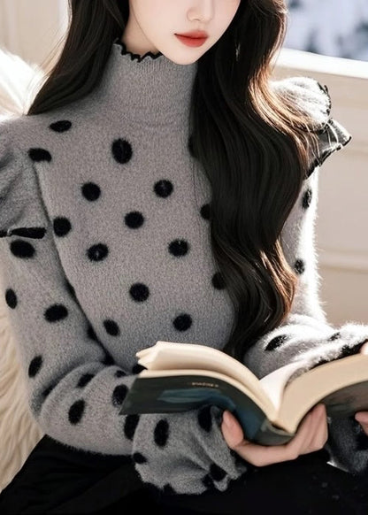 Grey Ruffled Patchwork Knitted Sweaters Tops Spring