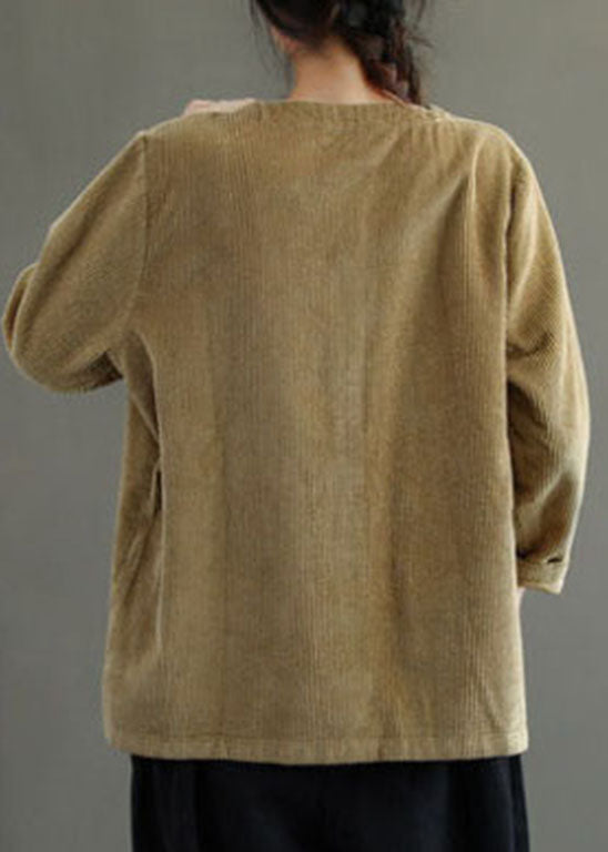 Khaki Button V Neck Corduroy Coats Spring
