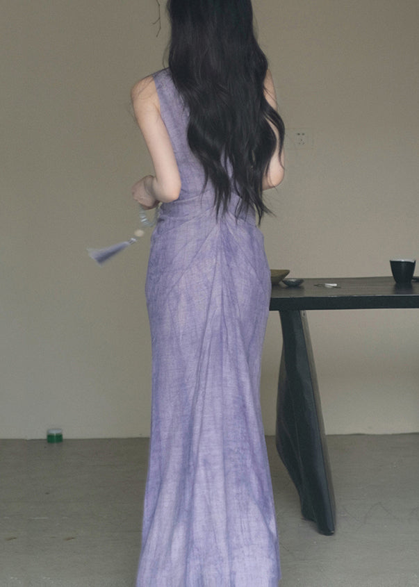 New Purple V Neck Cotton Long Dresses Sleeveless