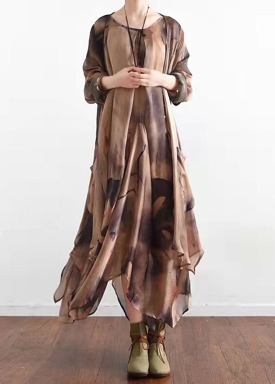 Khaki Asymmetrical Print Silk Cardigans and Dress Two Piece Suit Set Summer