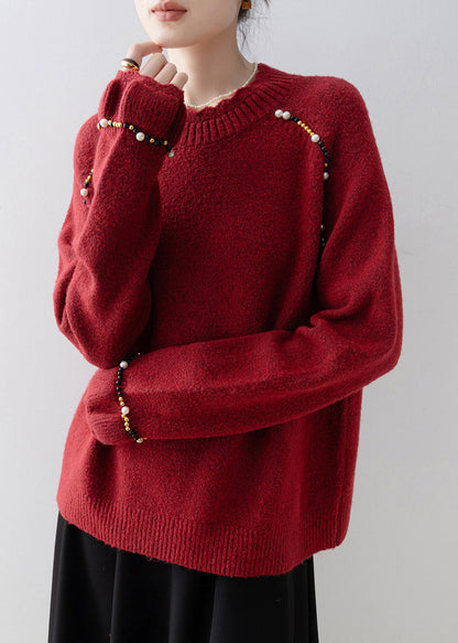 Red O Neck Nail Bead Knit Sweater Spring