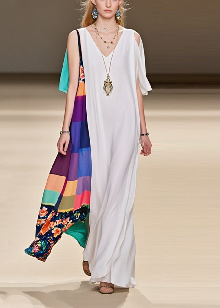 Fine White Asymmetrical Patchwork Cold Shoulder Chiffon Dress Summer