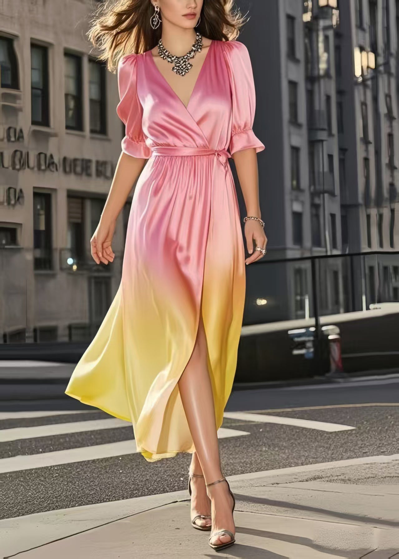 Gradient Color Cinched Draping Silk Day Dress Summer