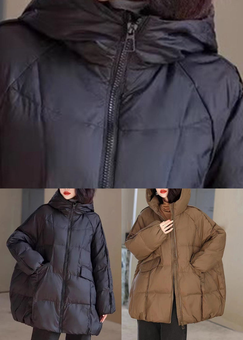 Natural Black Stand Collar Pockets Hooded Puffer Jacket Winter