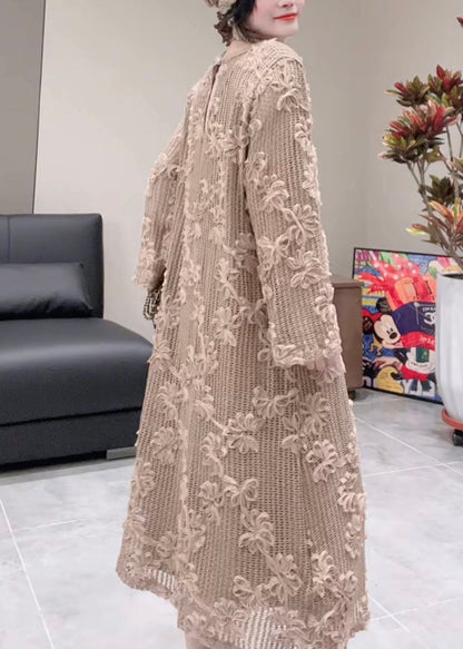 Stylish Khaki O Neck Design Cotton Dress Fall