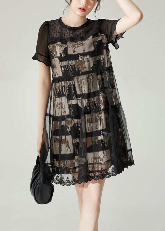 Black O-neck Patchwork Tulle Mid Dress Summer