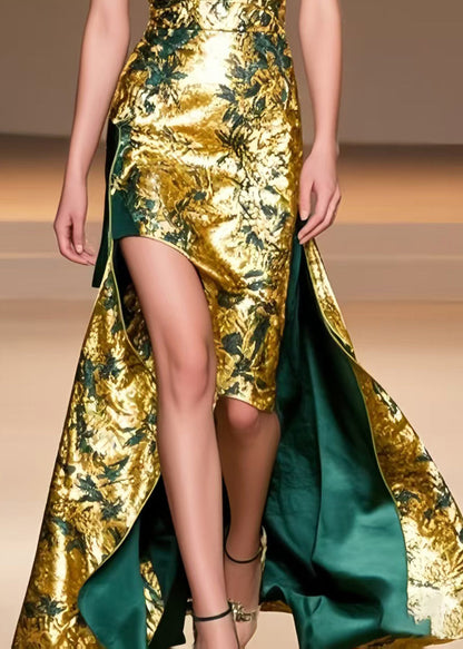 Golden Jacquard Low High Design Silk Vestidos Dress Summer