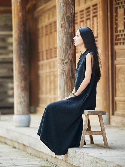 French Stand Collar Chinese Button Cotton Linen Summer Dress Neckline Black Dress