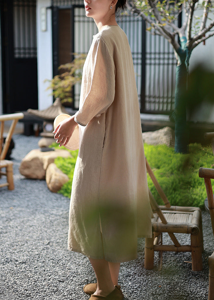 Camel O Neck Chinese Button Linen Long Dress Spring
