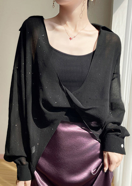 Black Peter Pan Collar Chiffon Blouses Fall