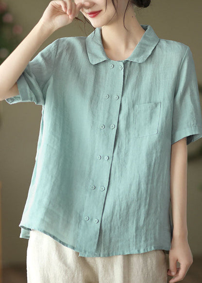 Light Blue Double Breast Linen Shirt Tops Short Sleeve