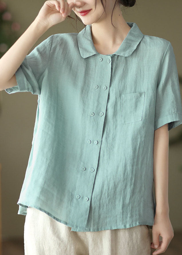 Light Blue Double Breast Linen Shirt Tops Short Sleeve