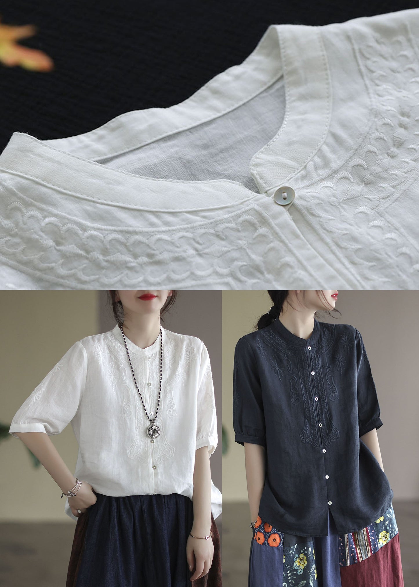 Navy Cotton Shirts Stand Collar Embroidered Half Sleeve