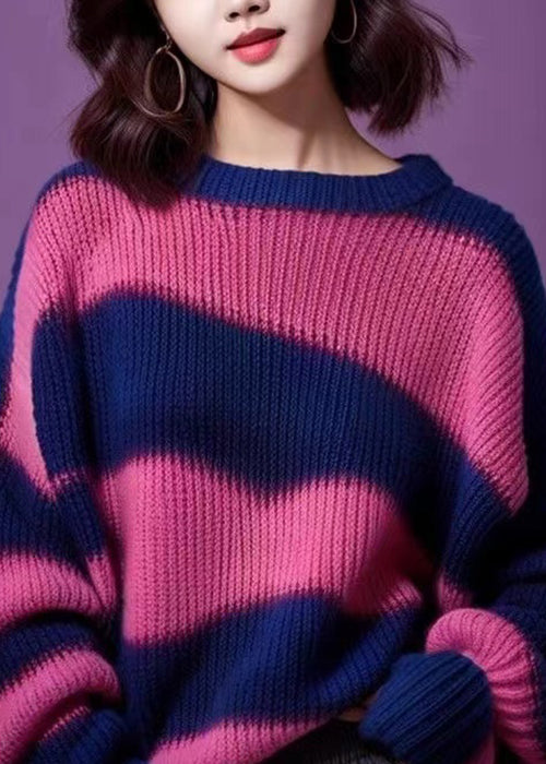 Purple O Neck Thick Patchwork Knit Sweater Winter