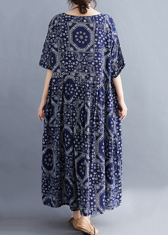 Red O Neck Print Pockets Cotton Long Dress Summer