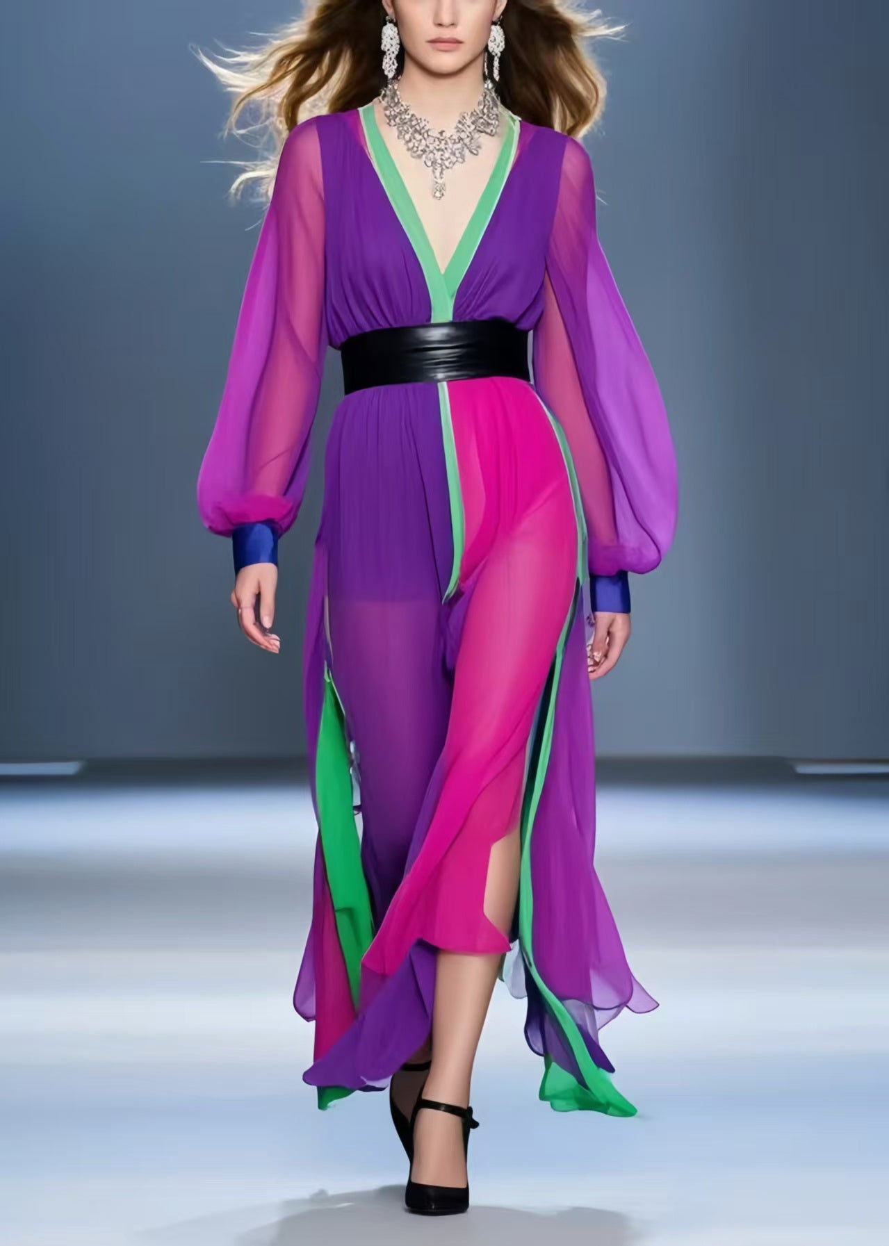 Multicolour Asymmetrical Patchwork Chiffon Dress Summer