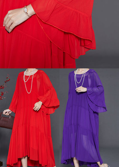 Purple Chiffon Vacation Dresses Oversized Wrinkled Flare Sleeve