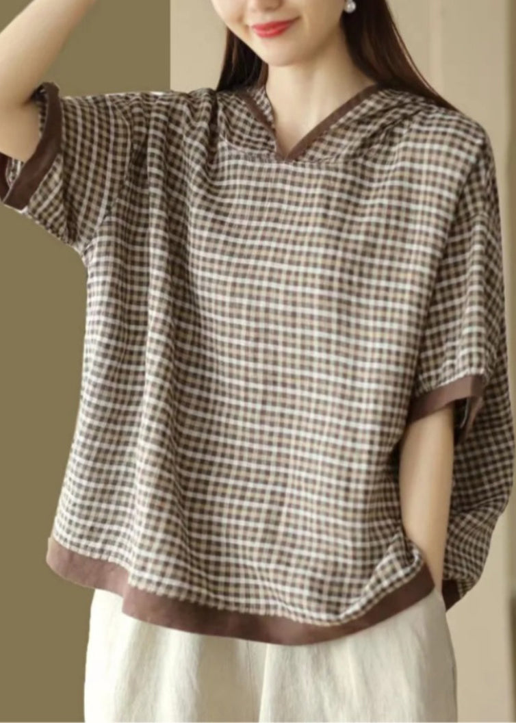Art Dark Blue O-neck Plaid Hooded T Shirt Summer