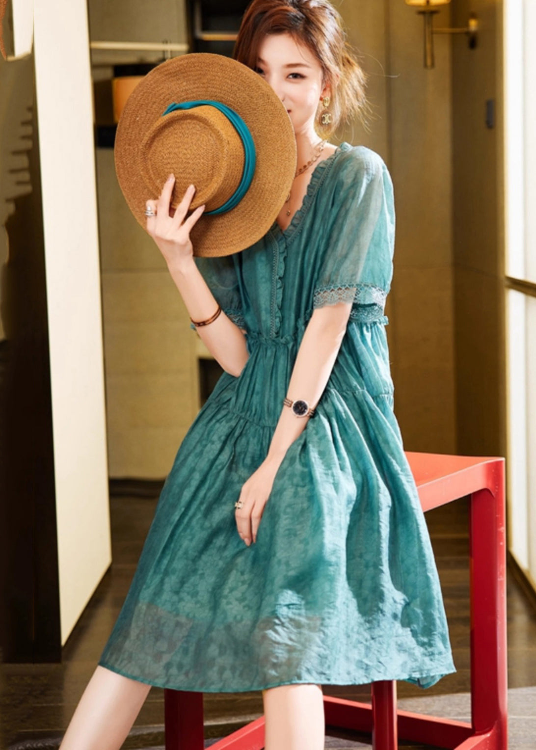 Green Ruffled Linen Silk Vacation Dresses Summer
