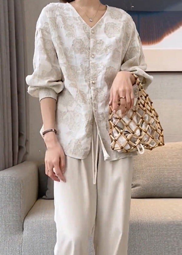 Apricot V Neck Jacquard Button Cotton Shirts Spring