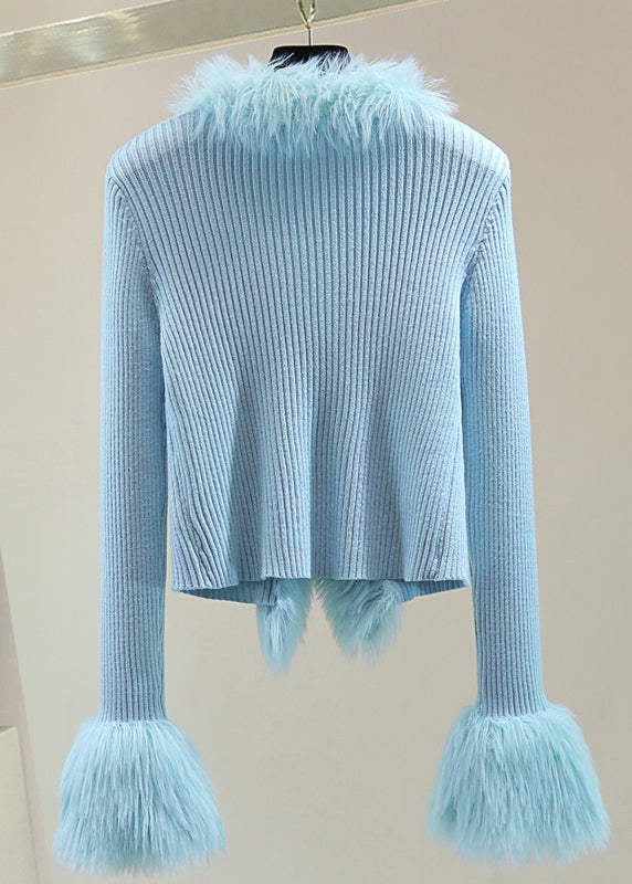Blue Fur Collar Patchwor Cotton Knit Sweater Winter