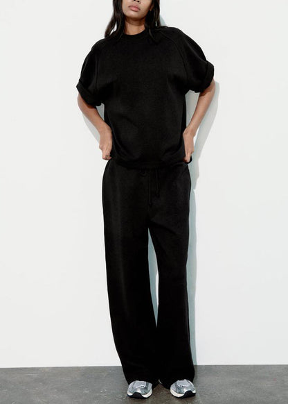 Loose Pink O Neck T Shirt and Pants Cotton Two-piece Set Summer