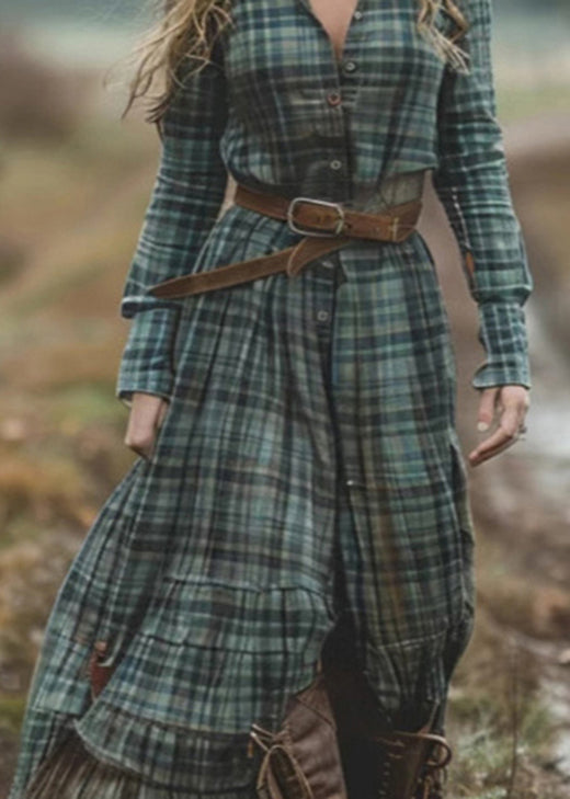 Green V Neck Plaid Button Chiffon Long Dress Fall