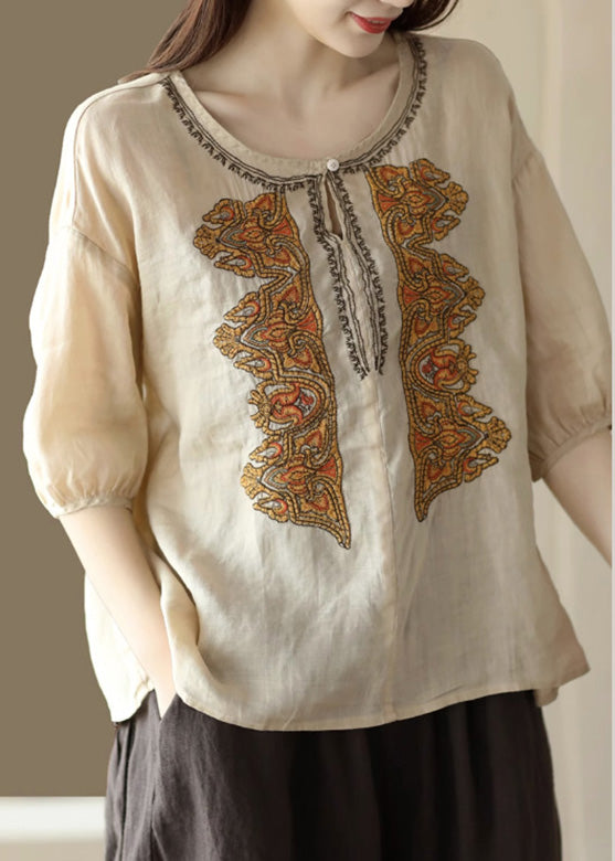 Apricot O-neck Embroidered Low High Design Ramie Shirts Summer