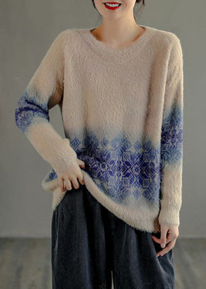 Milk Tea Color O-neck Print Thick Mink Hair Knitted Tops Long Sleeve