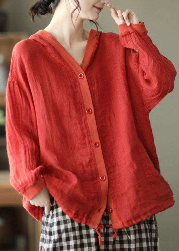 French Red Button Hooded Ramie Long Sleeve Shirt Tops