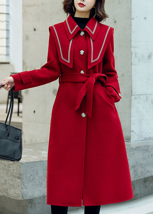 Red Button Pockets Tie Waist Woolen Coats Winter