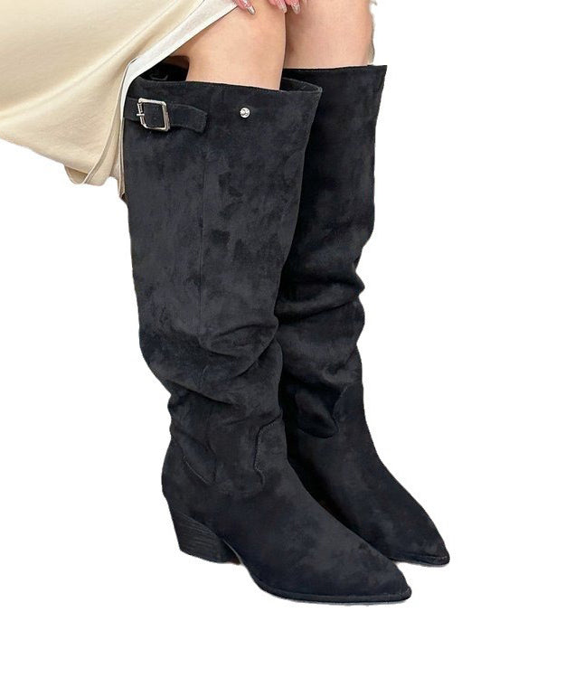 Khaki Chunky Suede Splicing Boots Pointed Toe