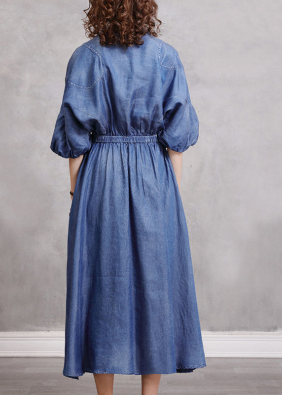 Blue Embroidered Elastic Waist Long Denim Dress Lantern Sleeve