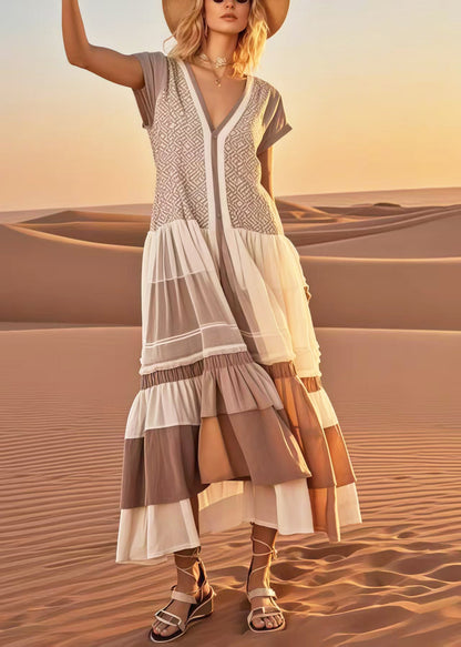 Khaki Print Patchwork Cotton Vacation Dresses Summer