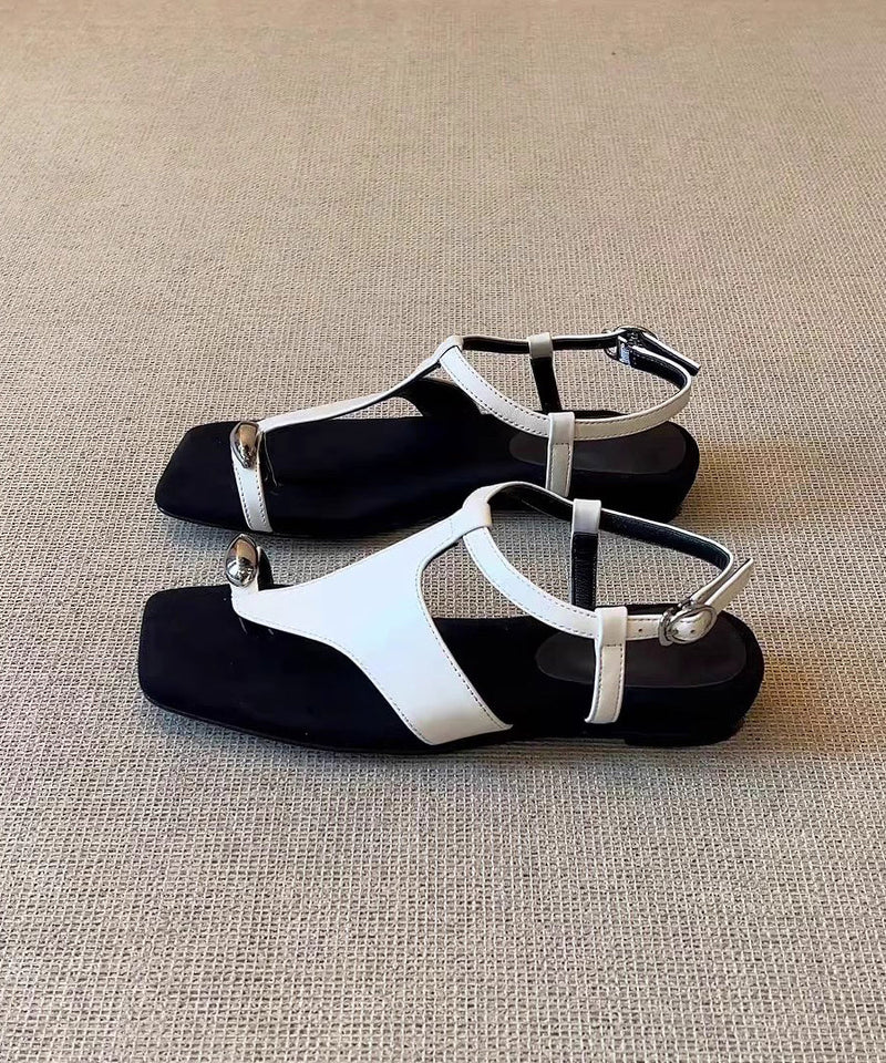 Black Faux Leather Flip Flops Flat Sandals Splicing