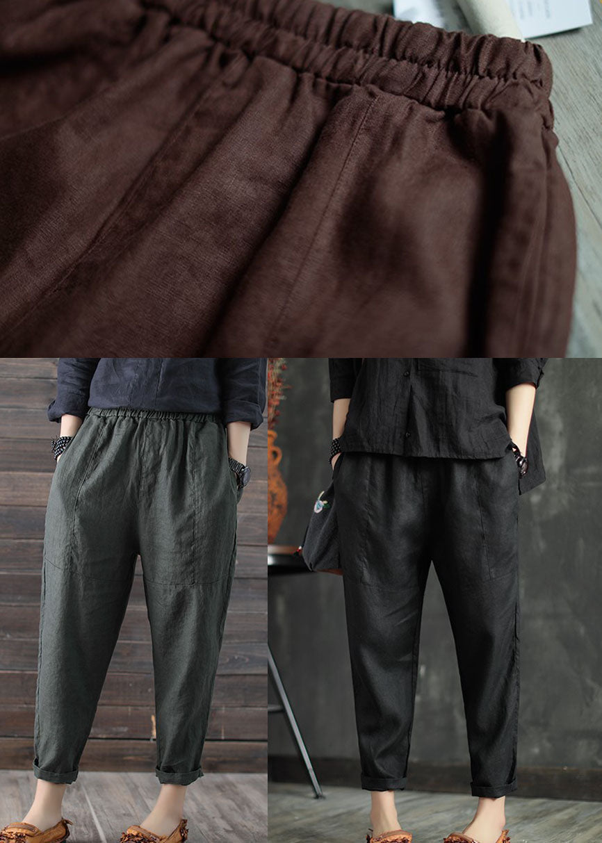 Chocolate Patchwork Linen Crop Pants Elastic Waist Color Summer