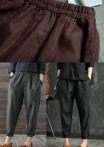 Chocolate Patchwork Linen Crop Pants Elastic Waist Color Summer
