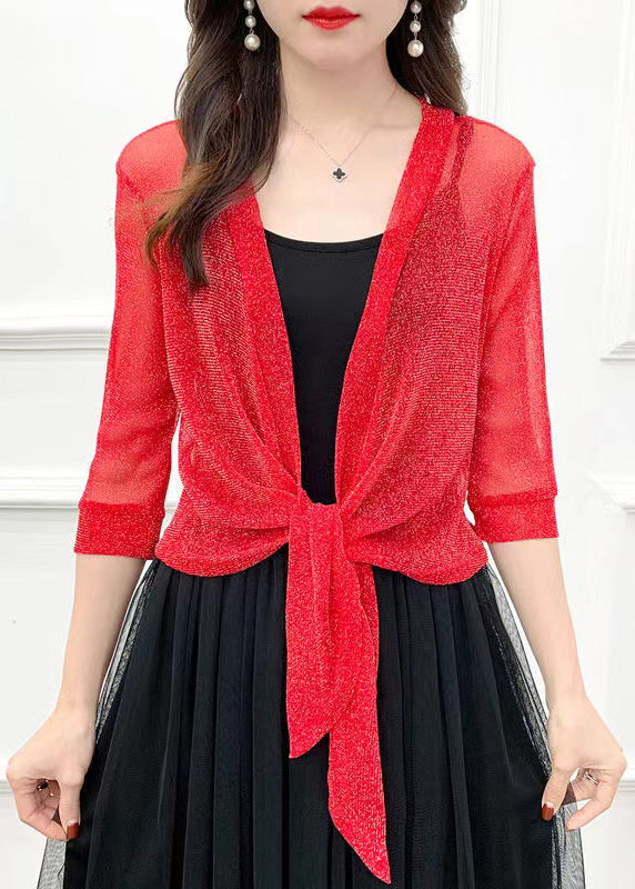 New Red Lace Up Tulle Cardigan Half Sleeve