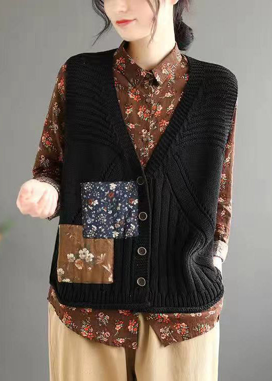 Orange Button Patchwork Cozy Cotton Knit Waistcoat Sleeveless