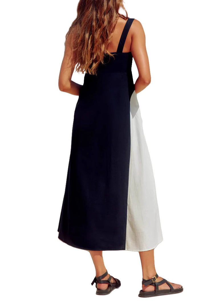 Holiday Style Navy Patchwork Cotton Spaghetti Strap Dresses Summer