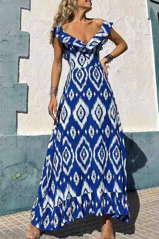 Geometric Print Flounce V Neck a Line Dresses