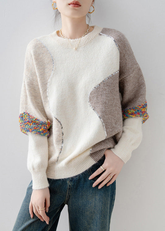 White O Neck Sequins Patchwork Knit Sweaters Spring