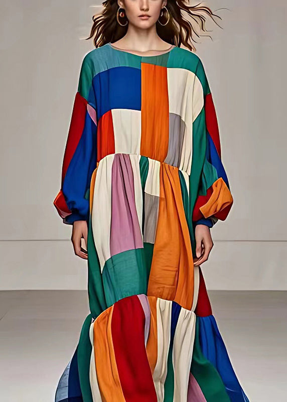 Multicolour Asymmetrical Patchwork Cotton Fishtail Dresses Fall