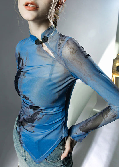 Blue Stand Collar Asymmetrical Print Tulle Tops Fall